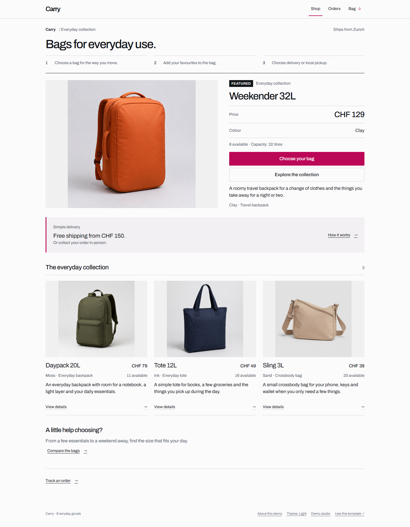 Carry shop demo showing its fictional bag collection in the default light theme.